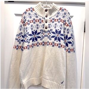 Nautica Fair Isles Sweater Cream Quarter Button Red Blue Mens Large Wool Blend